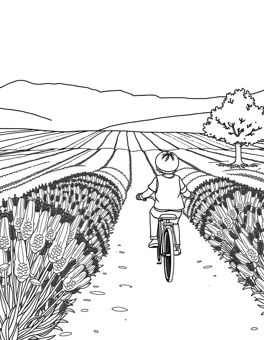 (France) A child riding a bicycle past lavender fields in Provence
