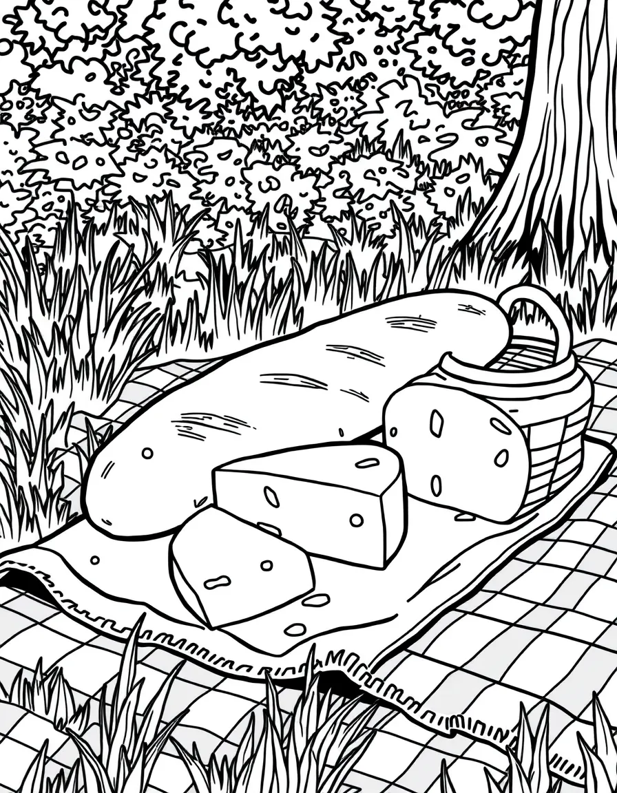 (France) A French baguette and cheese on a picnic blanket
