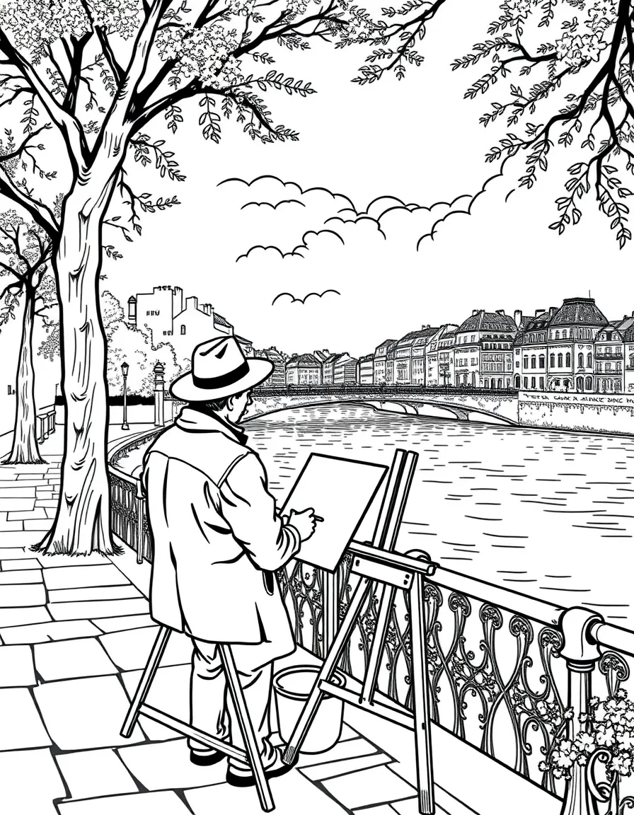 (France) A painter with an easel beside the Seine River