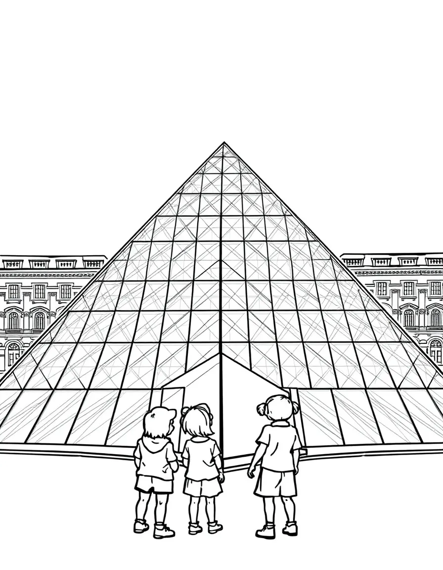 (France) The Louvre Museum pyramid with kids looking up at it