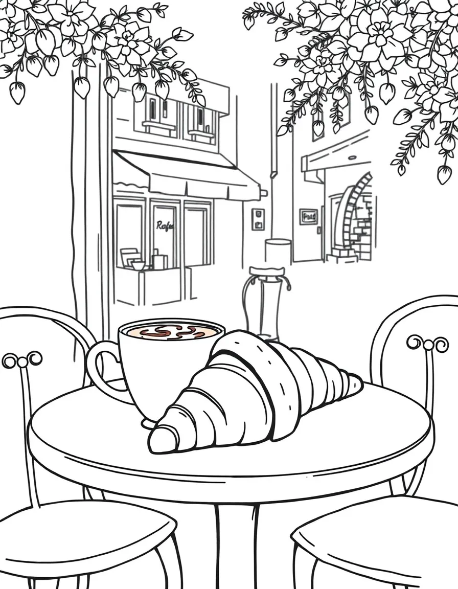 (France) A croissant and hot chocolate on a café table