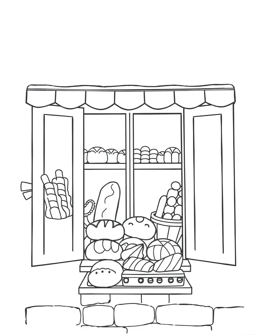 (France) A little bakery window with loaves of bread and pastries
