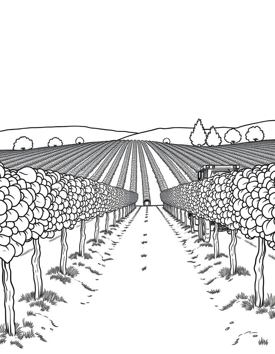 (France) A vineyard with rows of grapevines and a tractor