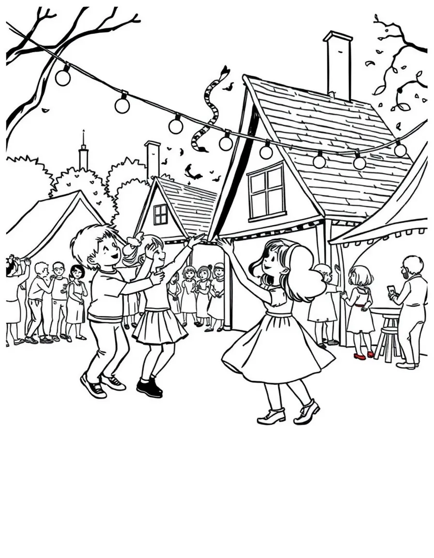 (France) Kids dancing at a village festival with string lights
