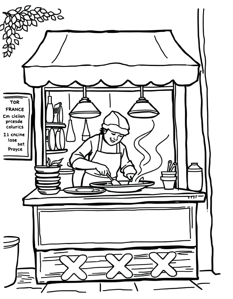(France) A crepe stand with a cook flipping thin pancakes