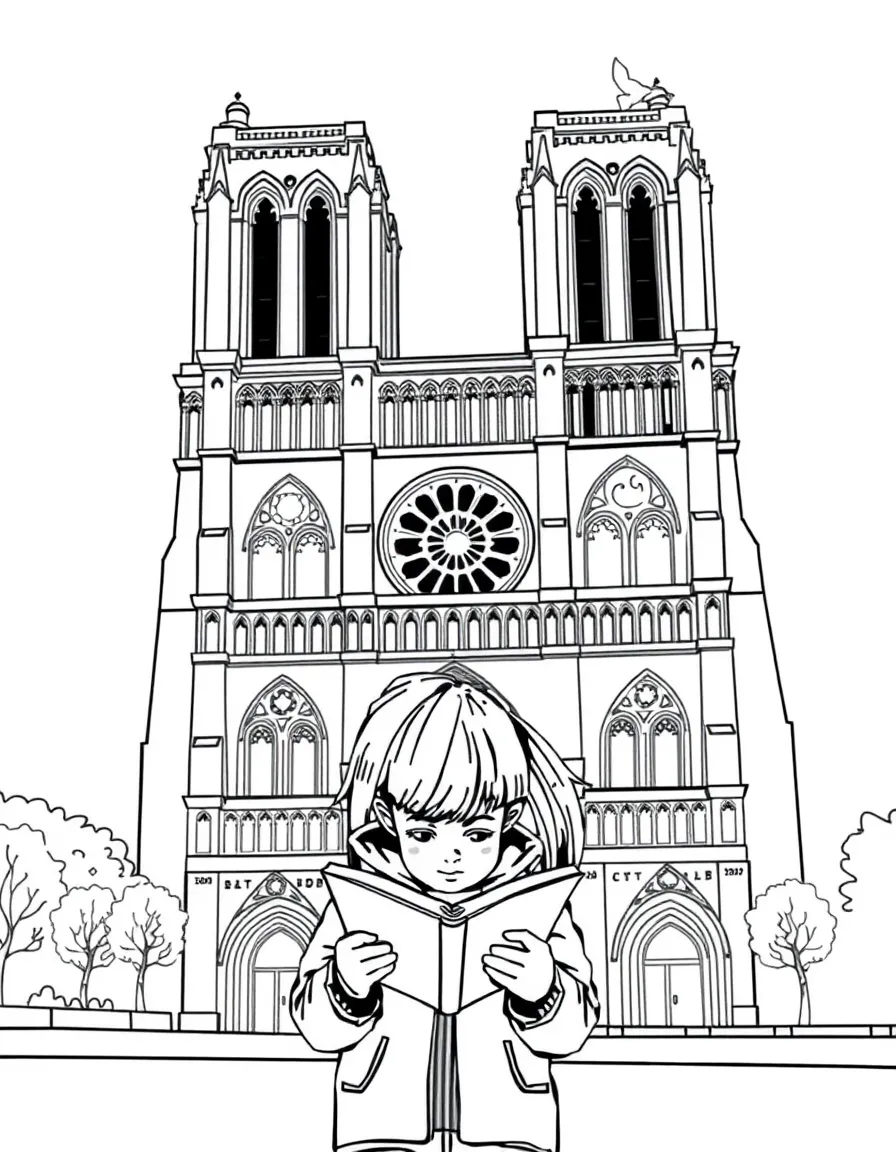 (France) A child reading a book in front of the Notre-Dame Cathedral