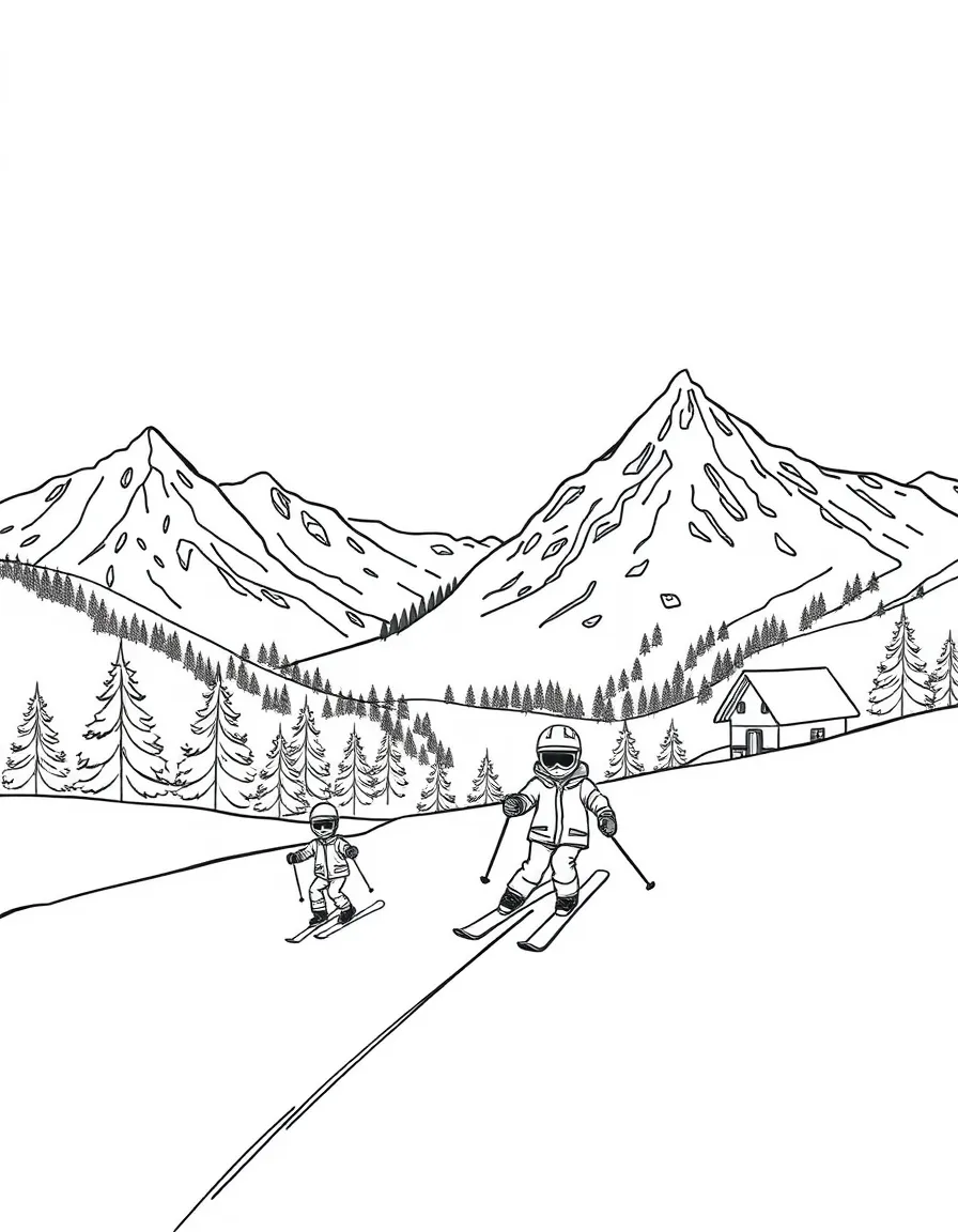 (France) The Alps mountains with kids skiing down snowy slopes