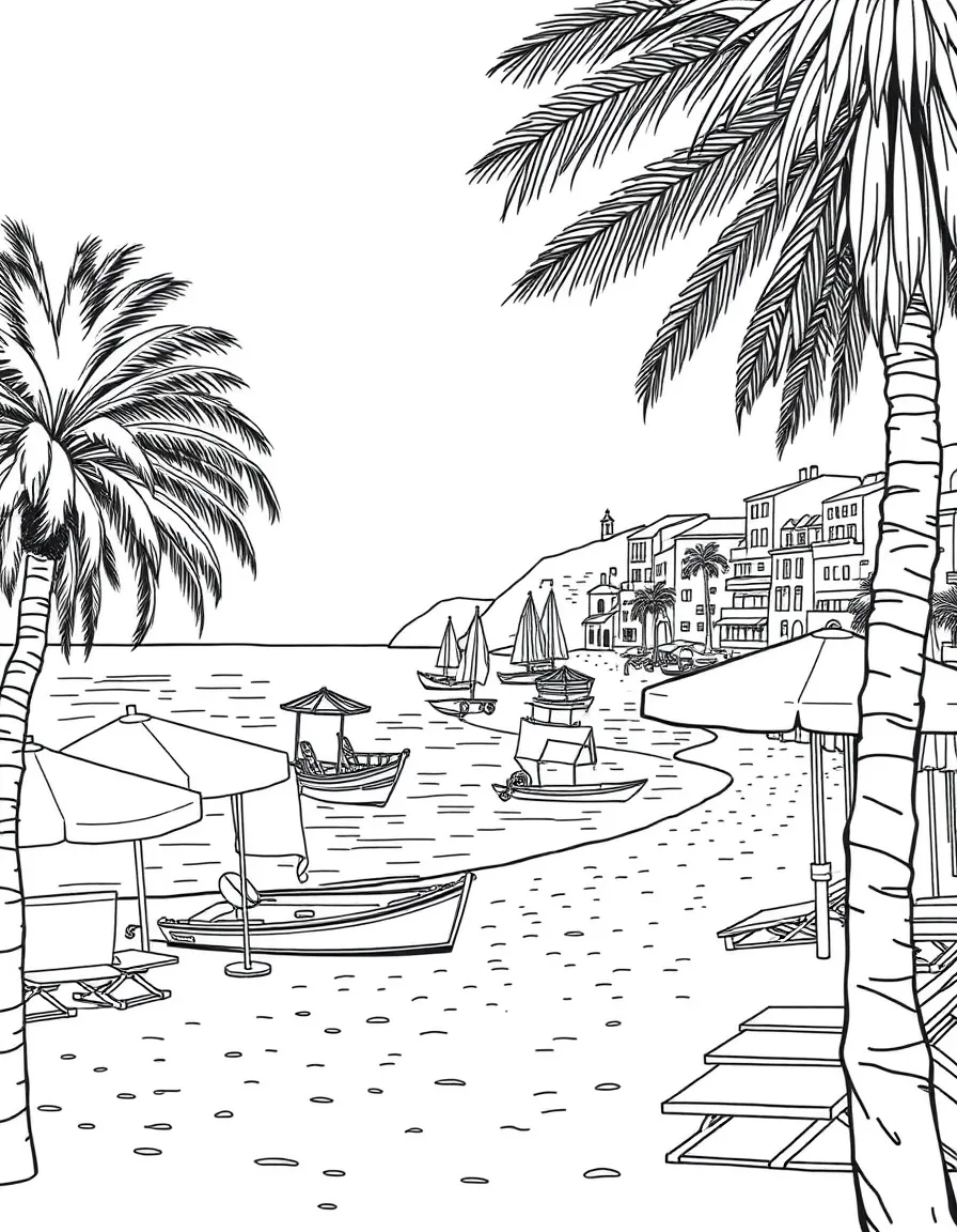 (France) A beach scene from the French Riviera with umbrellas and boats