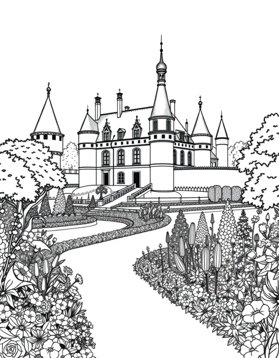 (France) A castle in the Loire Valley with flower gardens