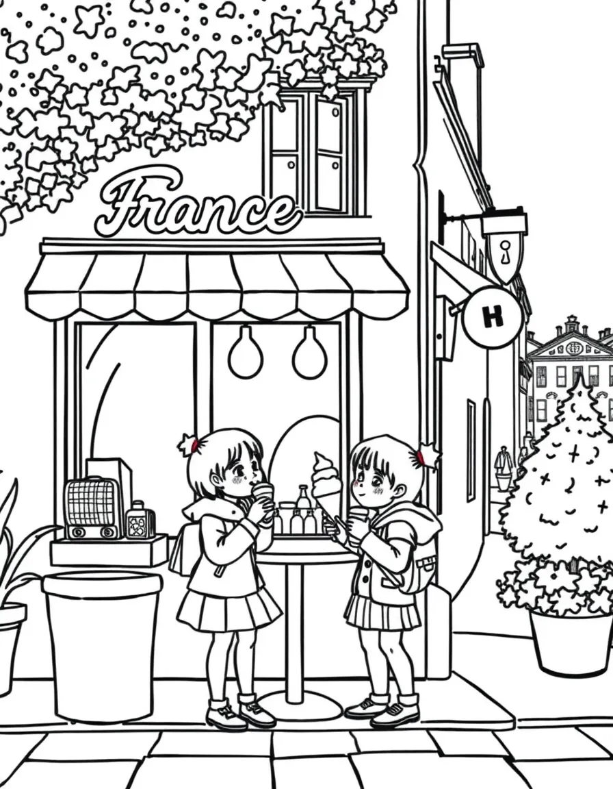 (France) Kids eating ice cream outside a small café