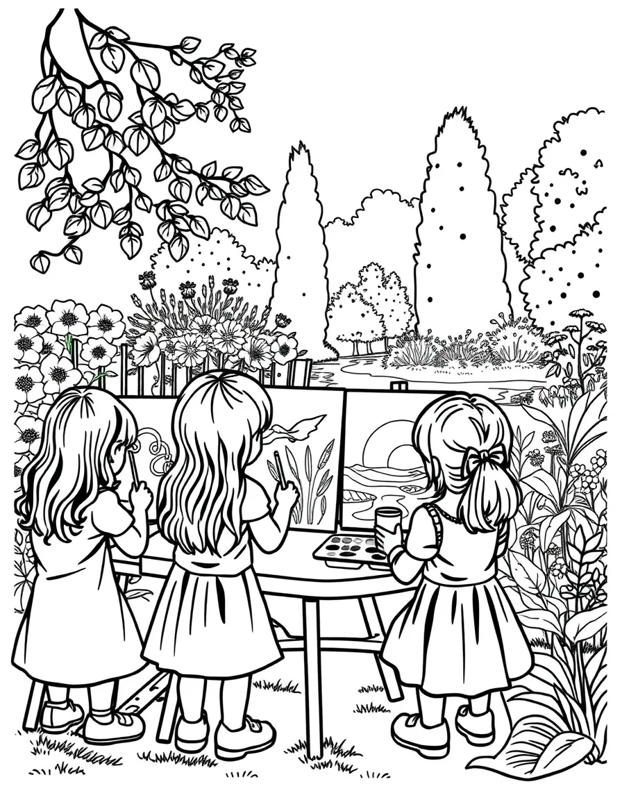 (France) A group of children painting at art class in Monet’s garden