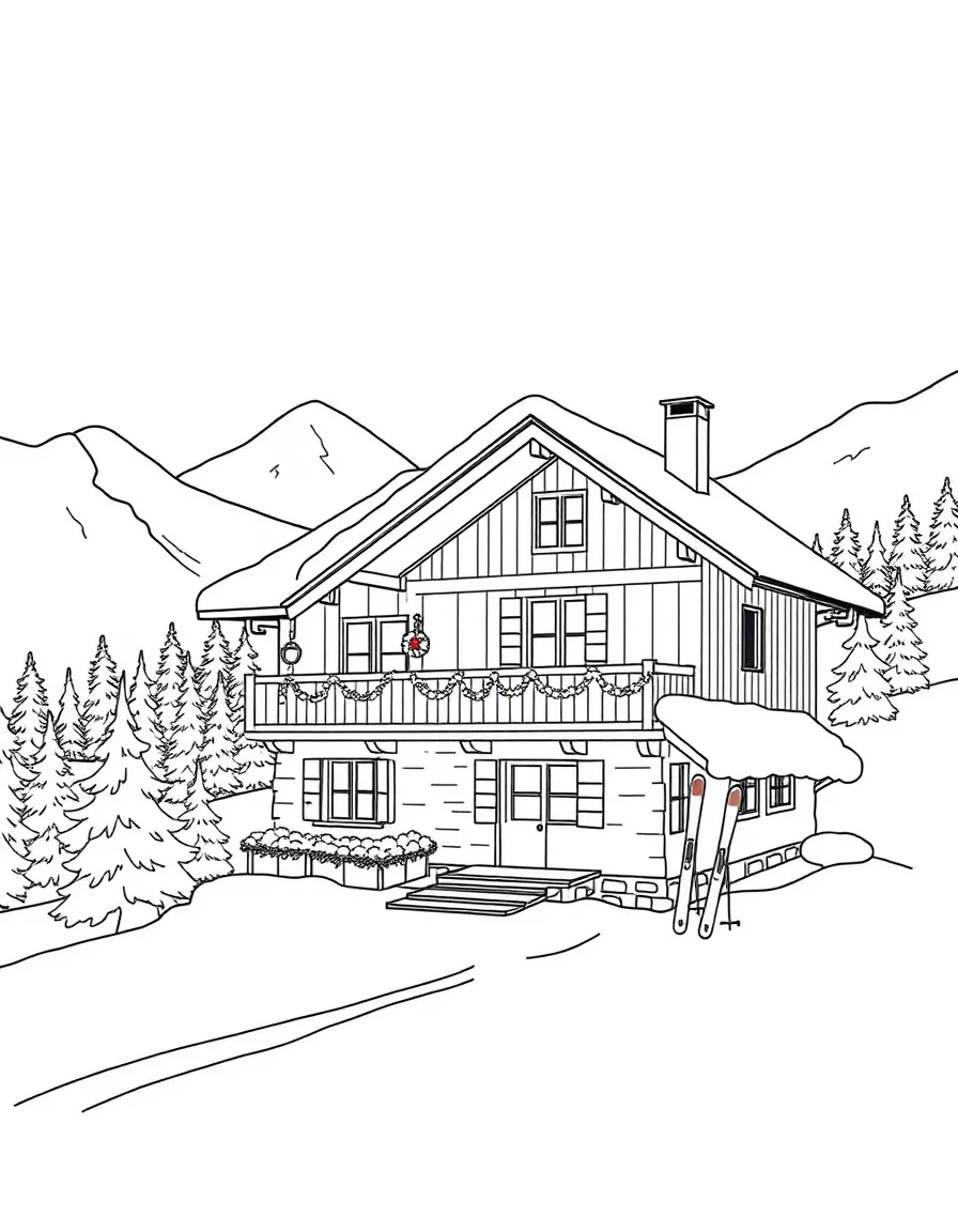 (France) A snowy chalet in the French Alps with skis outside