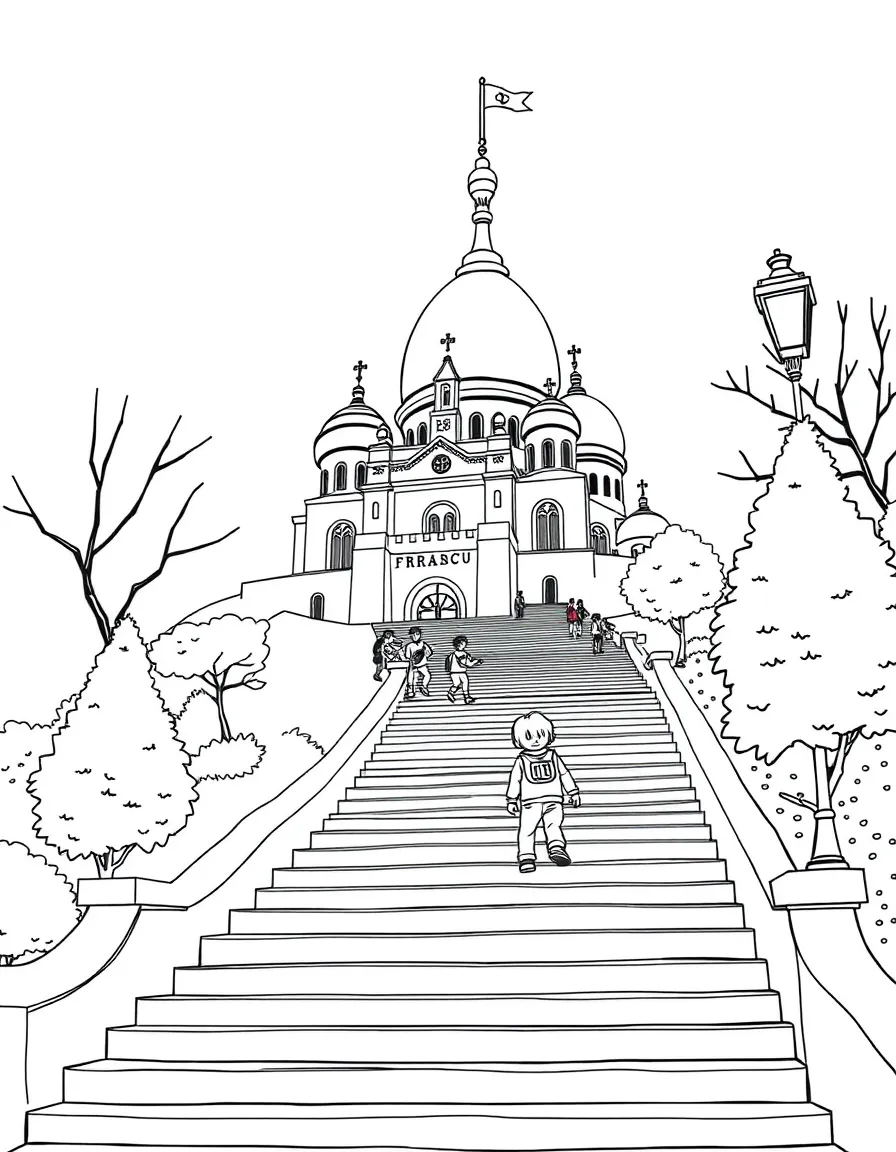 (France) Kids climbing the steps to Sacré-Cœur in Montmartre