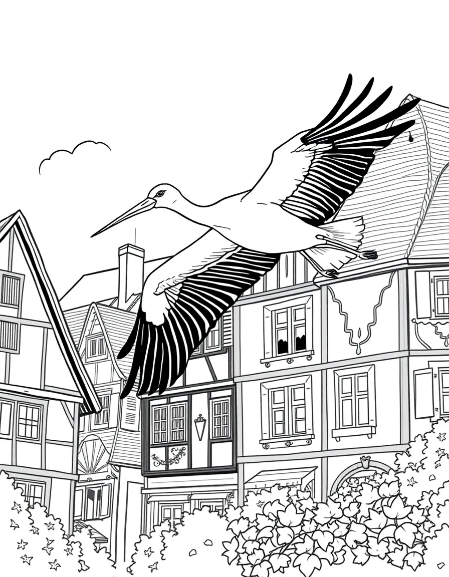 (France) A stork flying over the Alsace region’s timber houses