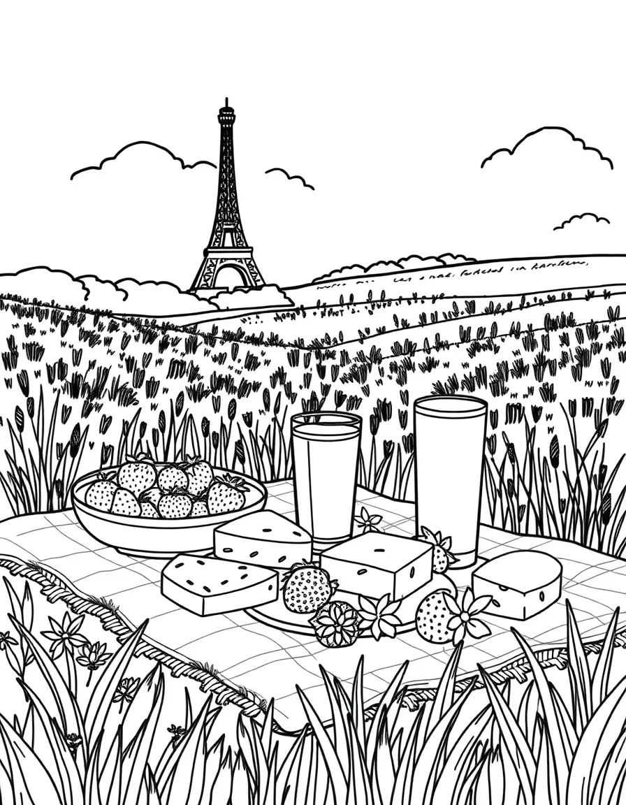 (France) A picnic with strawberries, cheese, and juice in a field