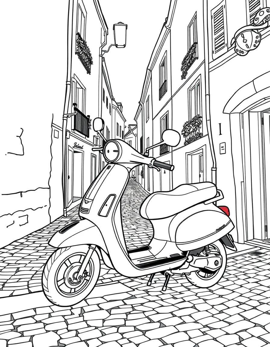 (France) A scooter parked beside a cobblestone street