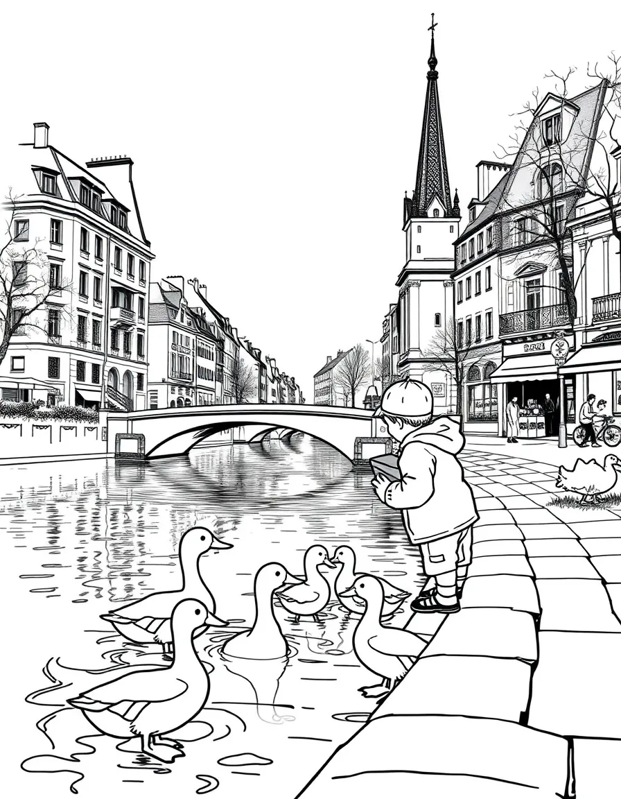 (France) A child feeding ducks in a city pond