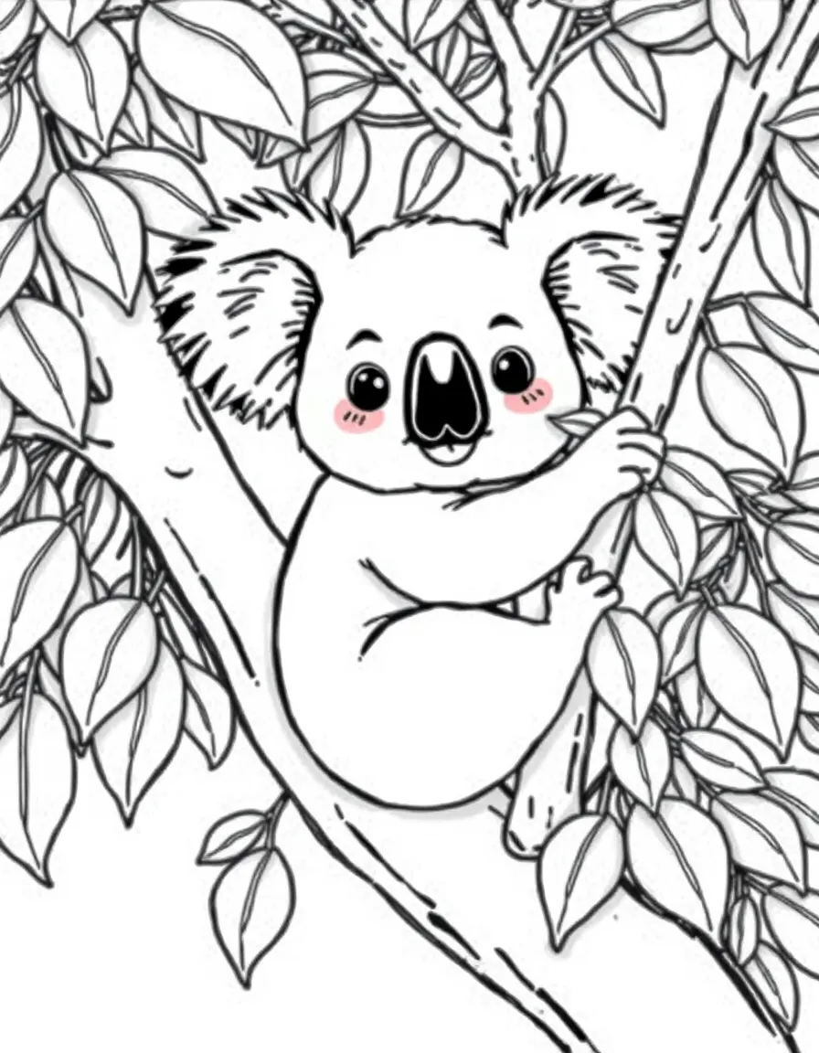 (Australia) A cute koala bear climbing a eucalyptus tree and munching leaves.
