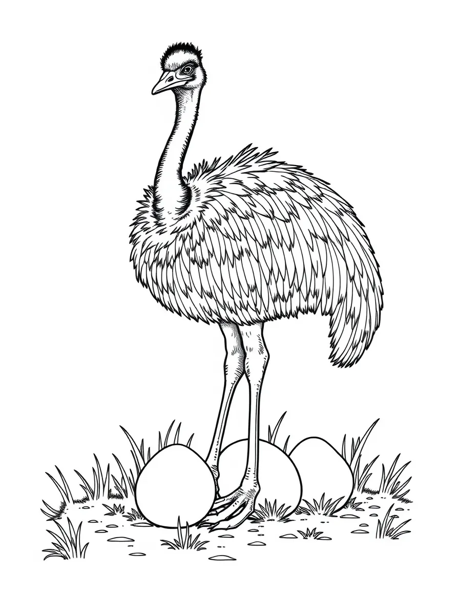 (Australia) A tall emu bird standing next to its large eggs on the ground.