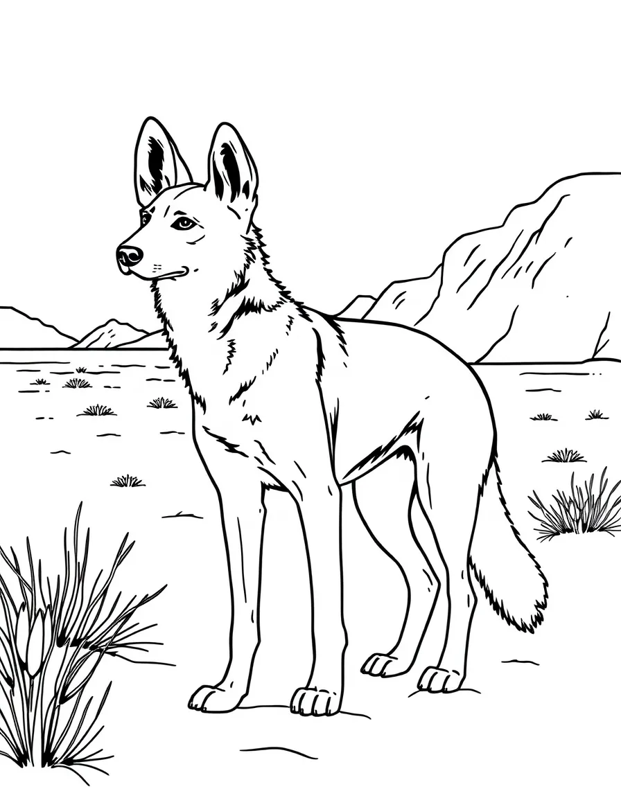 (Australia) A wild dingo (Australian wild dog) standing alert in the desert.