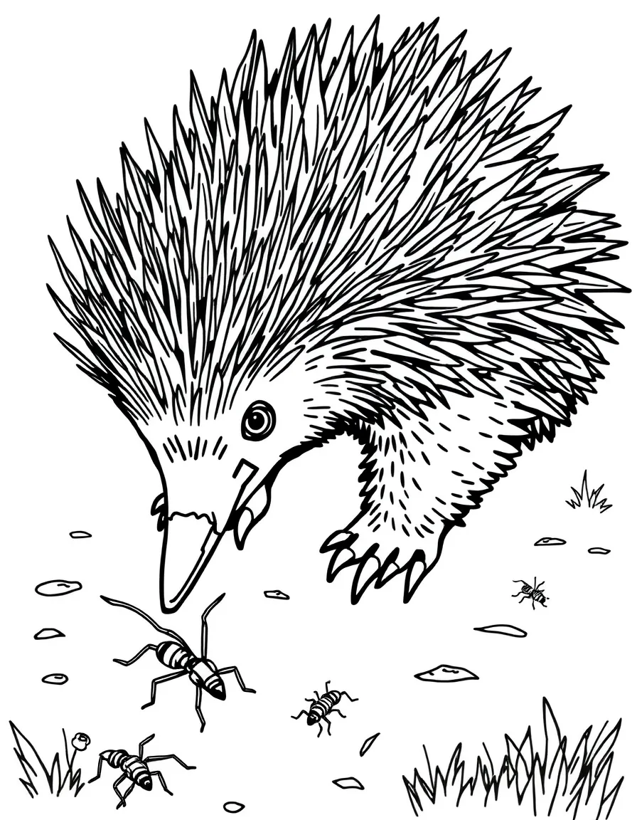 (Australia) A spiky echidna (spiny anteater) searching for ants on the ground.