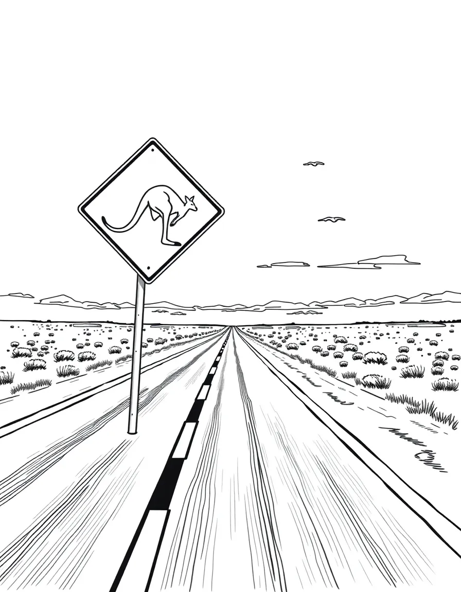 (Australia) A kangaroo crossing road sign on a long empty outback highway.