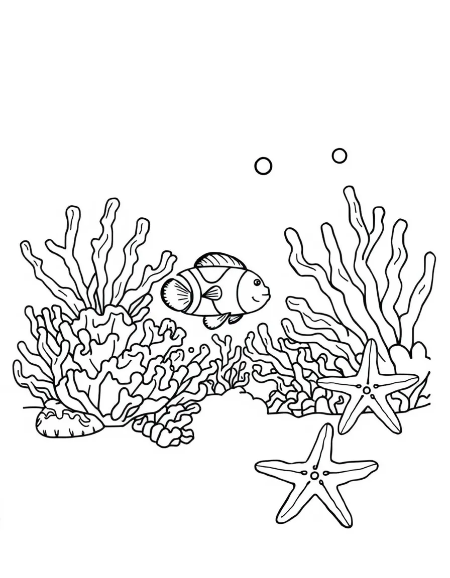 (Australia) A Great Barrier Reef scene with coral, a clownfish, and a starfish.