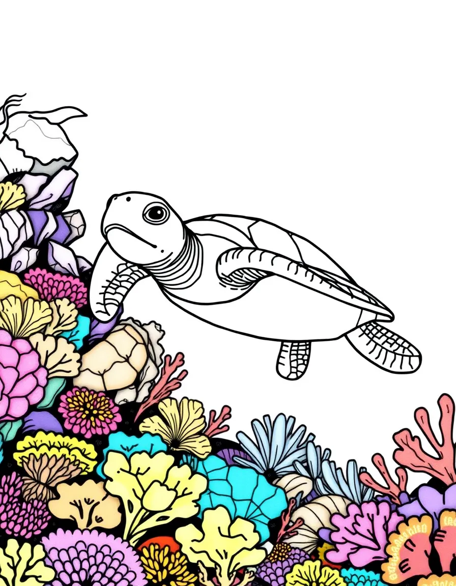 (Australia) A friendly sea turtle swimming over colorful corals in the Great Barrier Reef.