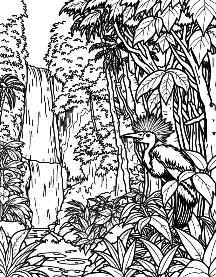 (Australia) A lush rainforest with a waterfall and a bright cassowary bird among the trees.