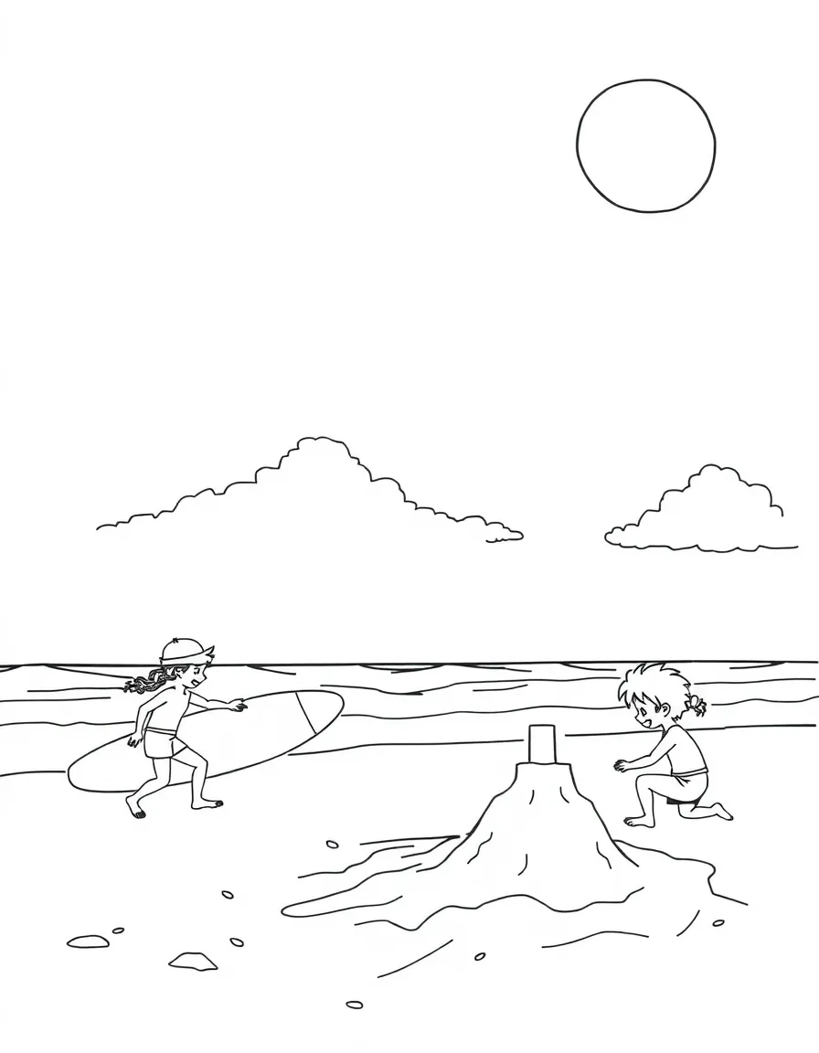 (Australia) A sunny beach with children surfing and building a sandcastle in the sand.