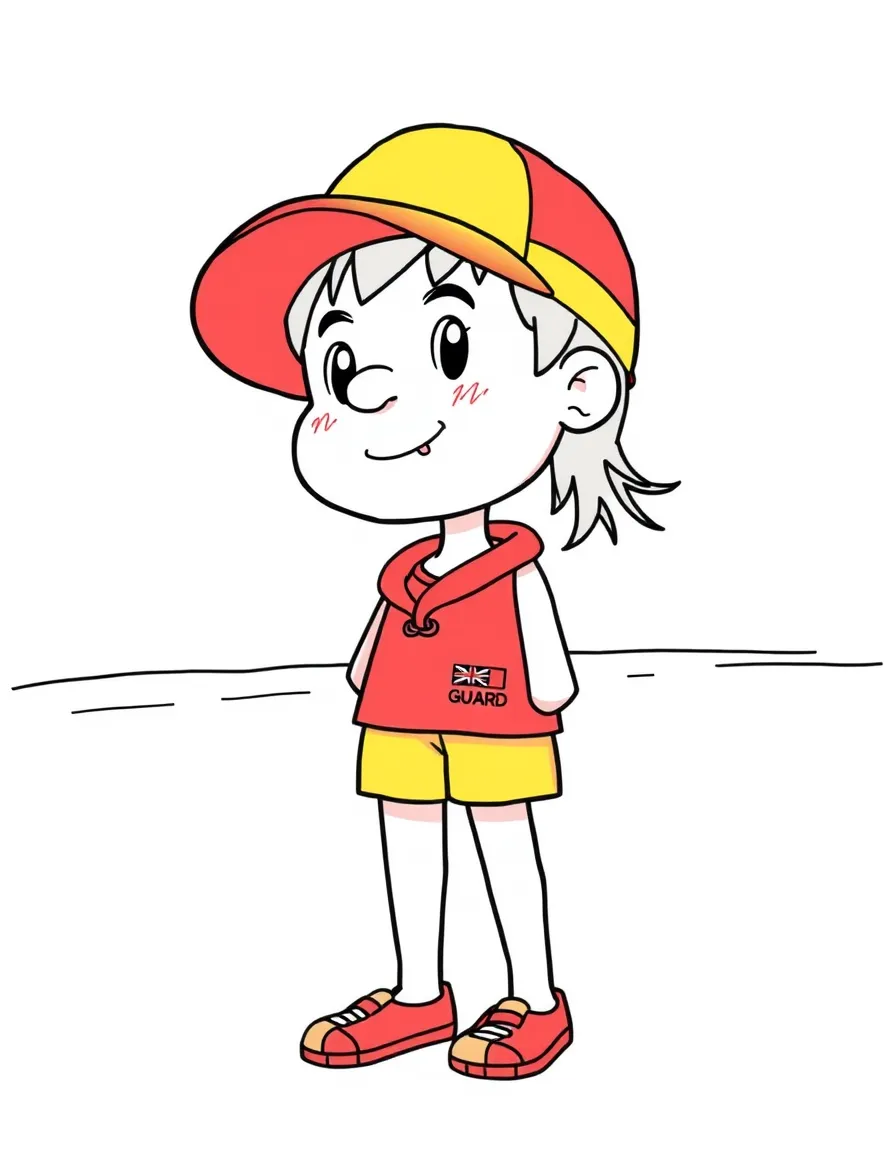(Australia) A lifeguard on an Australian beach wearing a red-and-yellow cap.