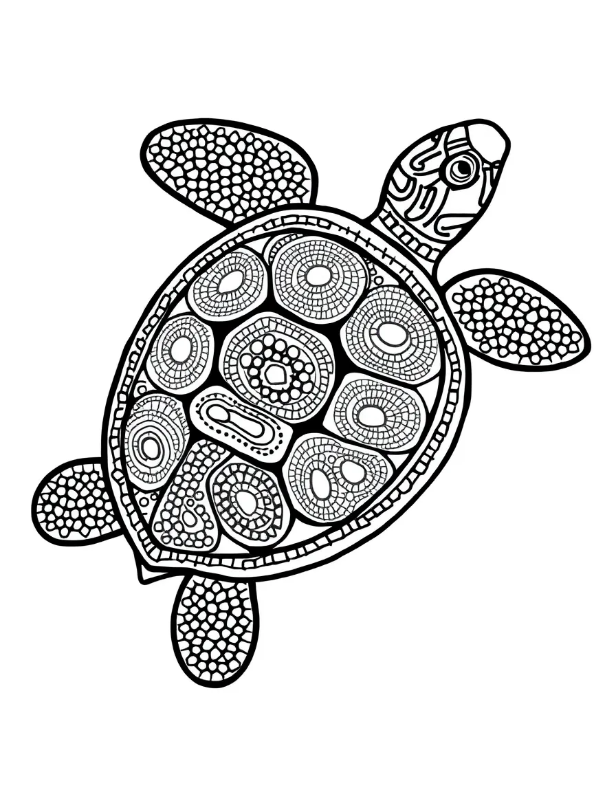 (Australia) An outline of a turtle filled with Aboriginal dot art patterns to color in.