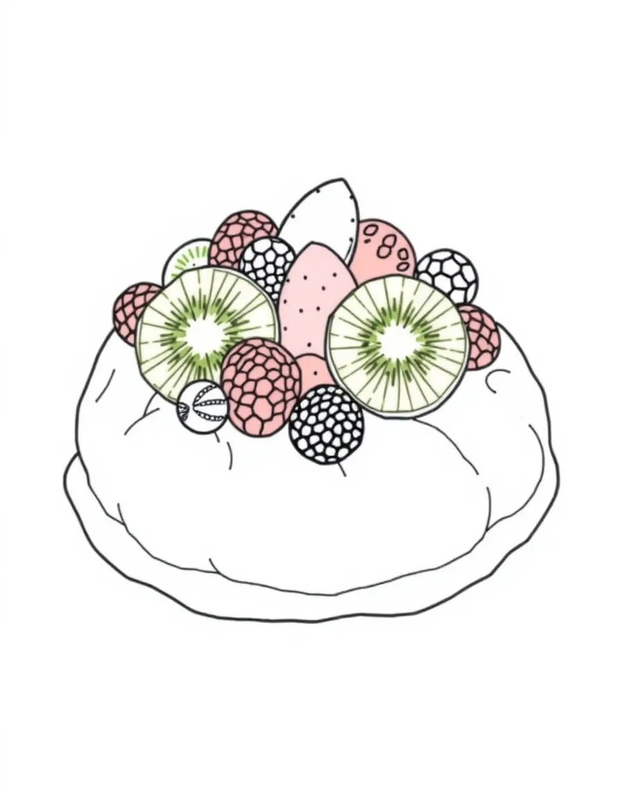 (Australia) A pavlova dessert topped with kiwi slices and berries.