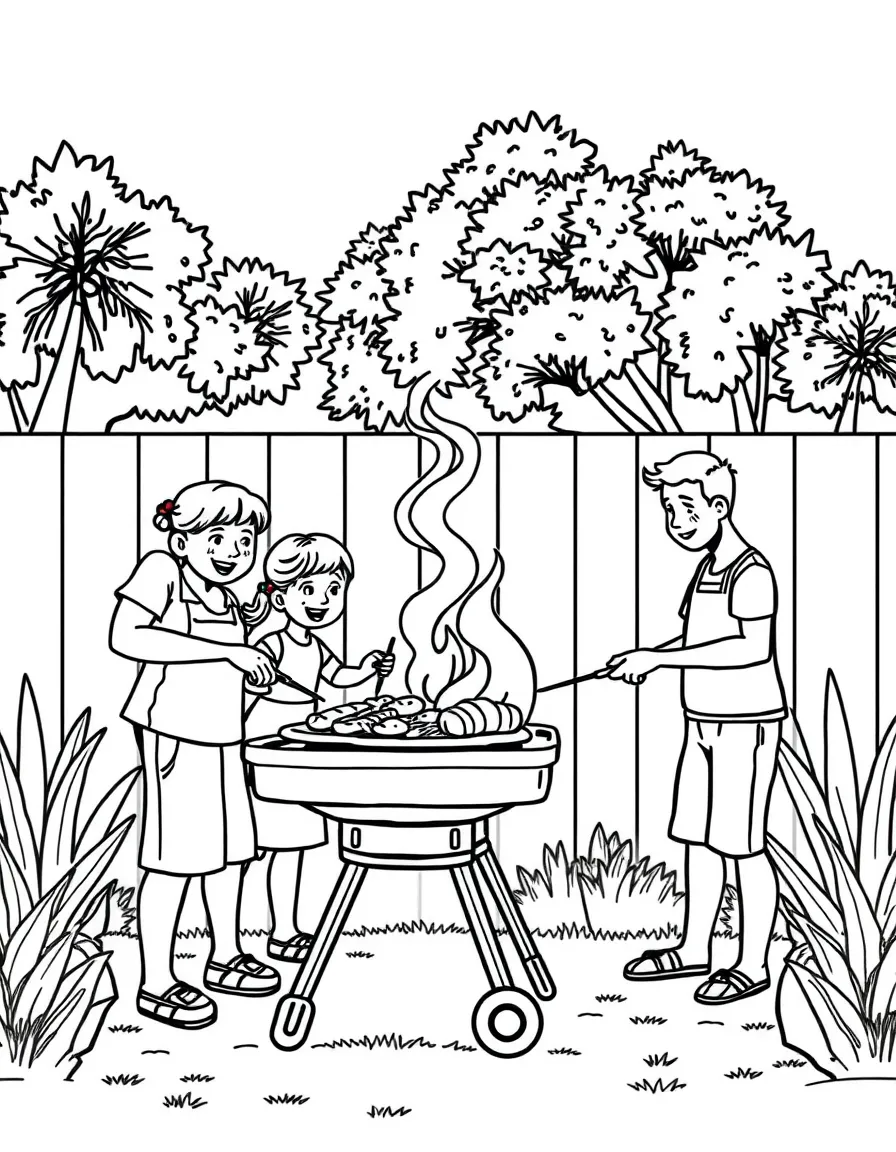(Australia) A family having a backyard barbecue (Aussie “barbie”) and grilling food.