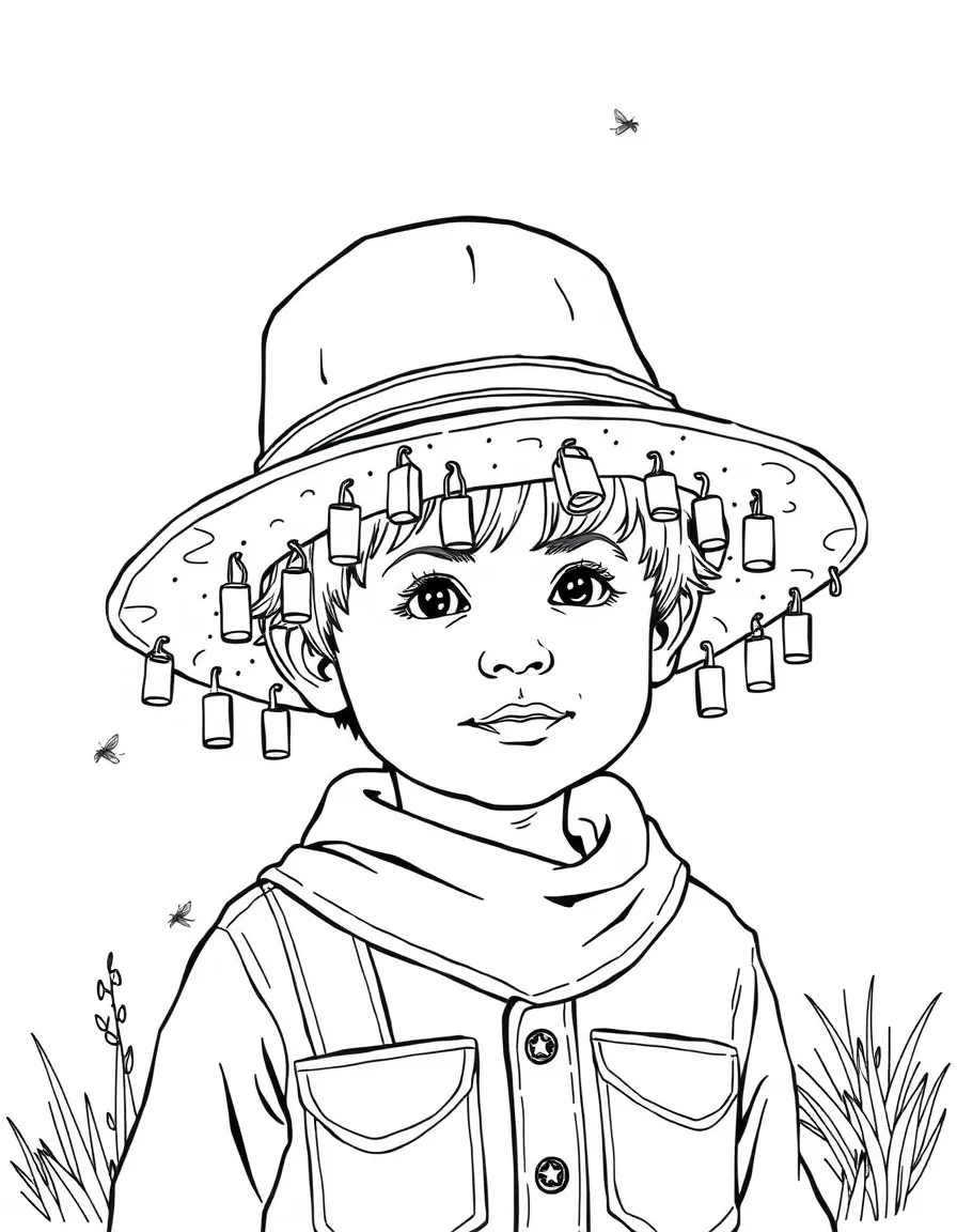 (Australia) A child wearing a cork hat (hat with dangling corks) to keep flies away in the outback.