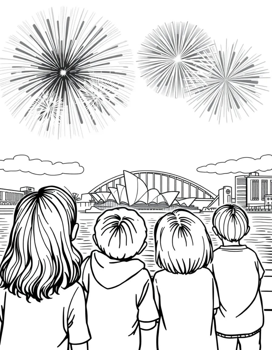 (Australia) Kids watching New Year’s Eve fireworks light up the sky over Sydney Harbour.