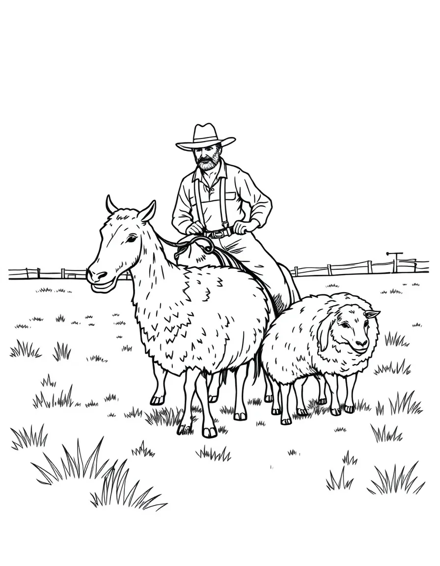 (Australia) A farmer on a ranch rounding up sheep with the help of a sheepdog.