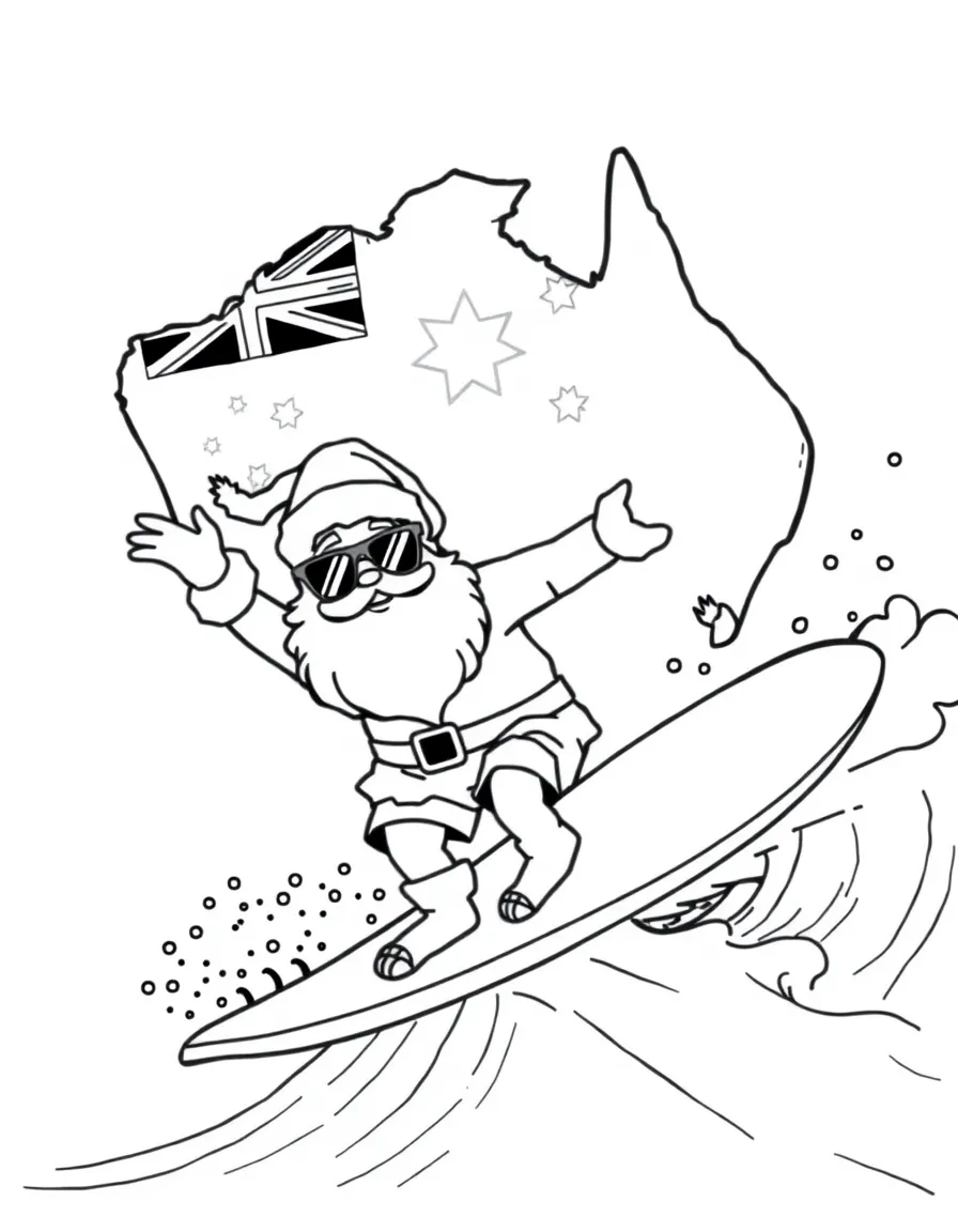 (Australia) Santa Claus surfing on a wave in shorts and sunglasses for a summer Christmas.