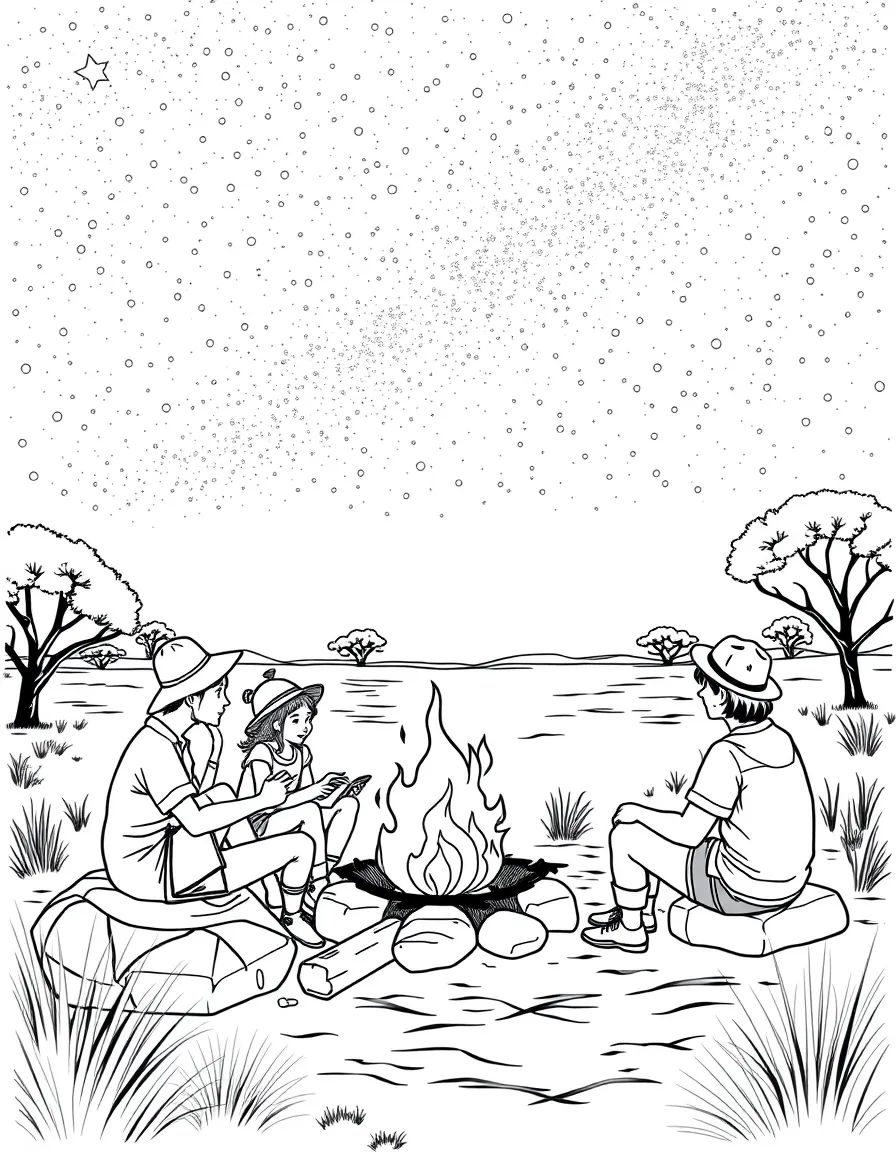 (Australia) Campers telling stories around a campfire under a starry outback sky.