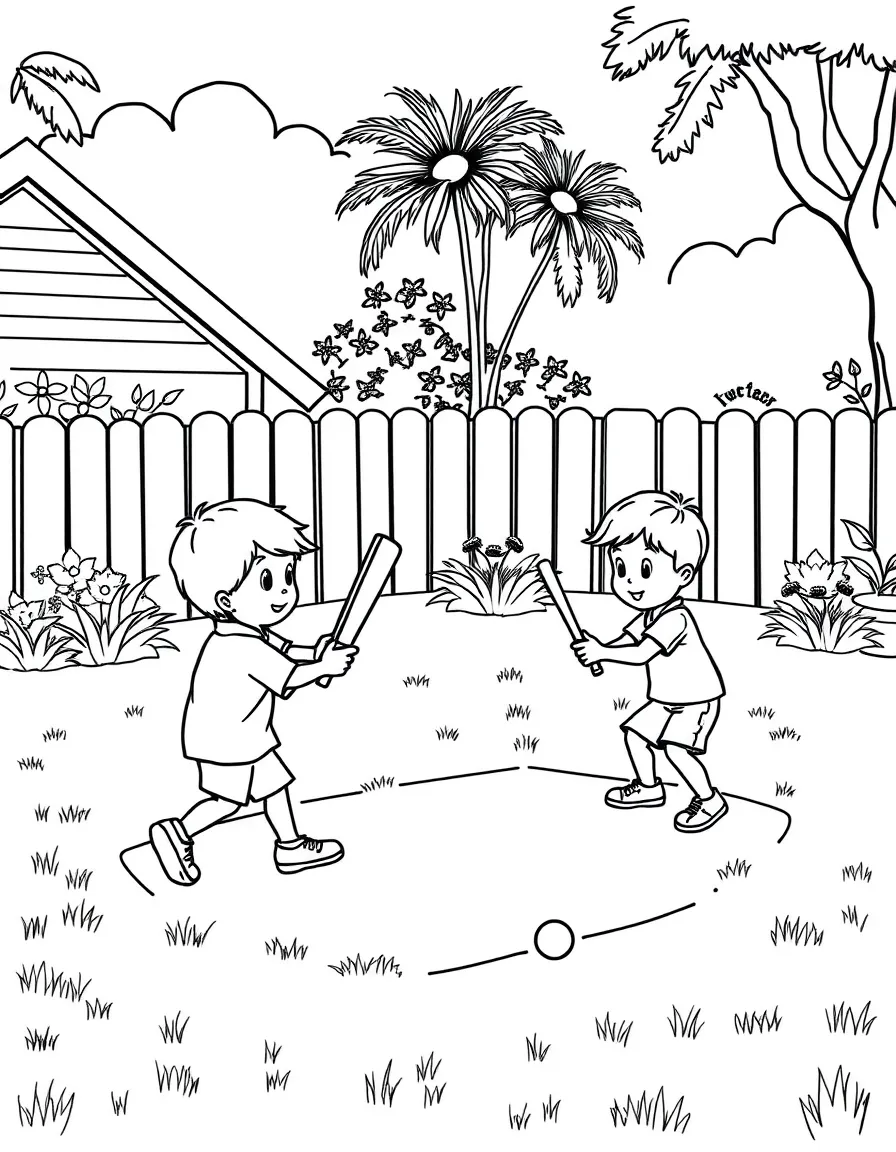 (Australia) Children playing a game of cricket in a grassy backyard.