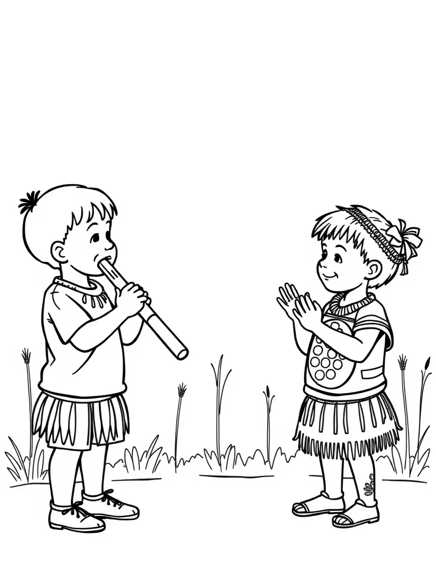 (Australia) Children playing a didgeridoo and clapping sticks at a cultural performance.