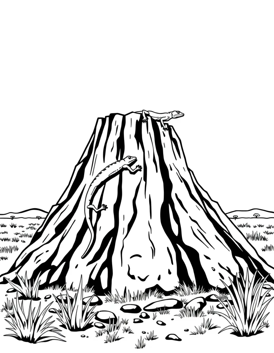 (Australia) A giant termite mound in the outback with a lizard climbing on it.
