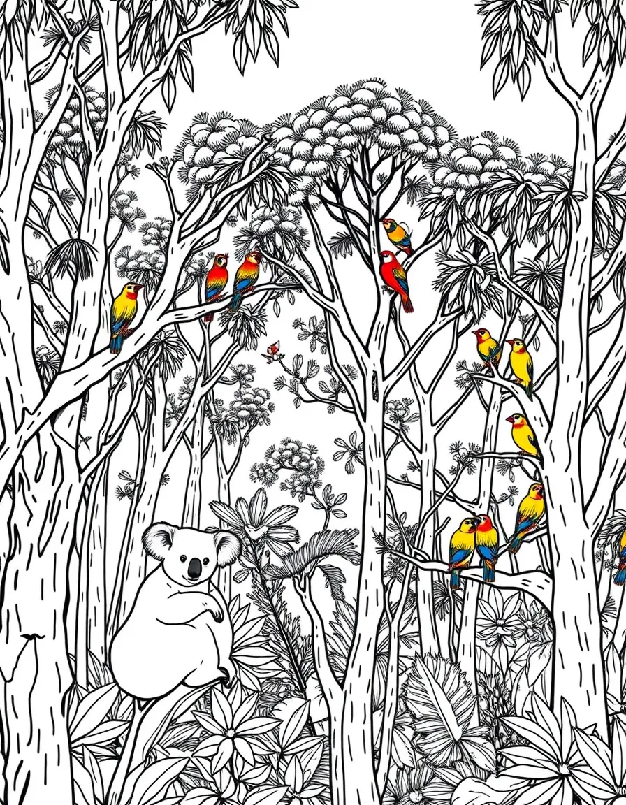 (Australia) A eucalyptus forest filled with koalas and colorful birds in the trees.