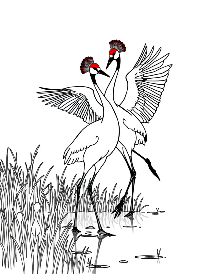 (South Korea) Two red-crowned cranes dancing together in a quiet marsh.
