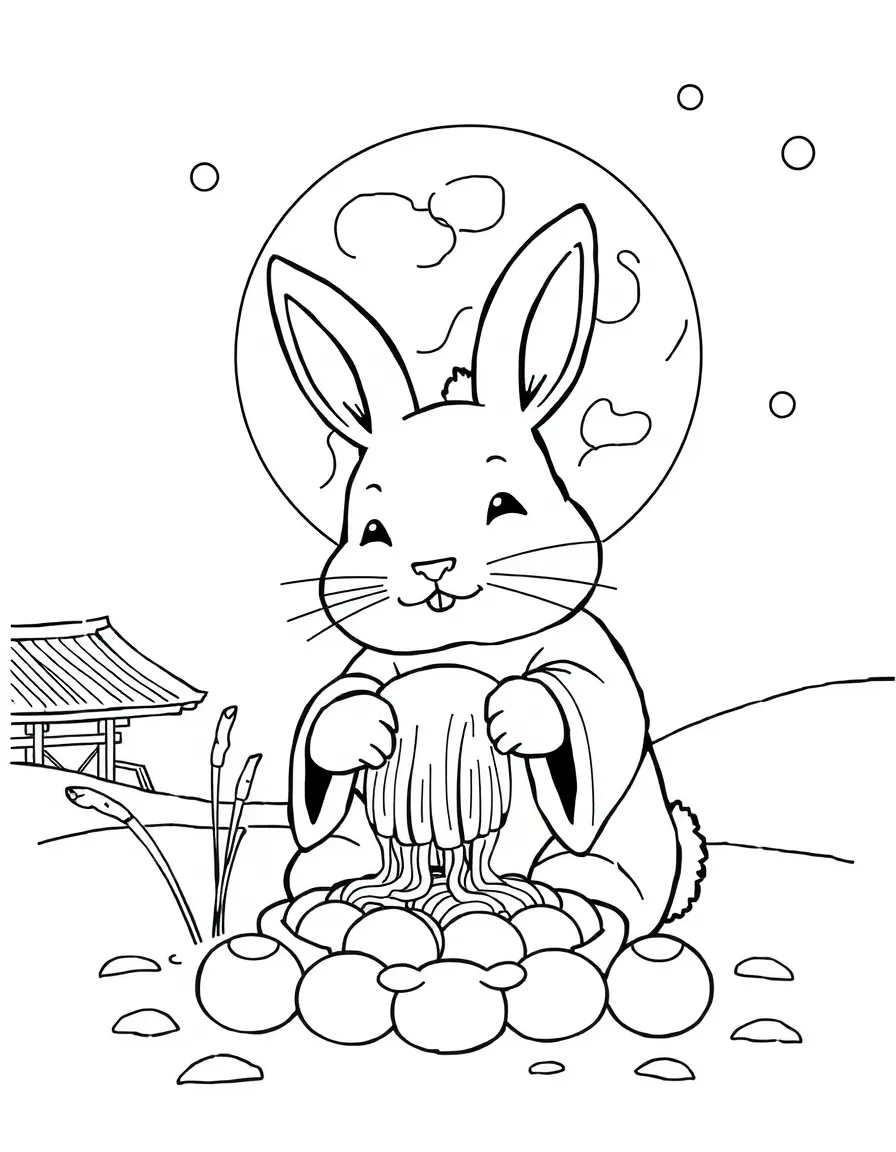 (South Korea) The legendary moon rabbit pounding sticky rice cakes under a full moon.