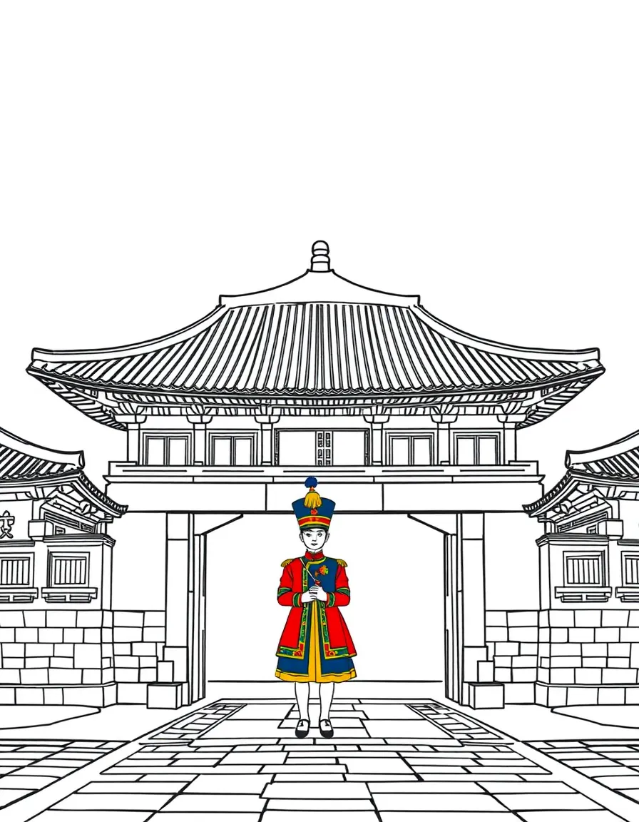 (South Korea) Gyeongbokgung Palace in Seoul with a colorful guard standing at its gate.