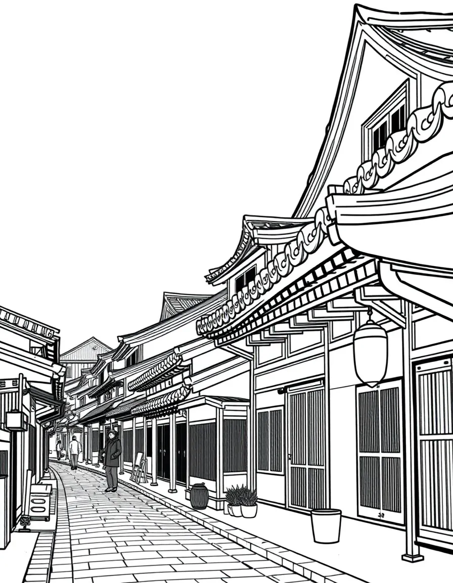 (South Korea) A street of traditional hanok houses with curved tiled roofs.