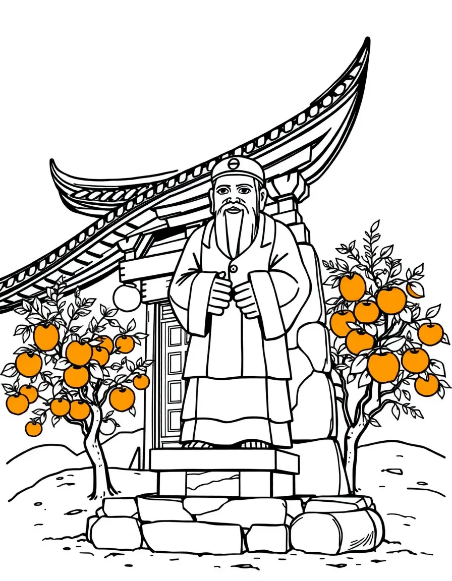 (South Korea) A scene from Jeju Island with a Dol Hareubang (stone grandfather statue) and orange tangerine trees.
