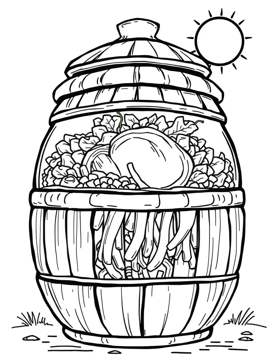 (South Korea) A large clay jar (onggi) filled with kimchi cabbage fermenting in the sun.