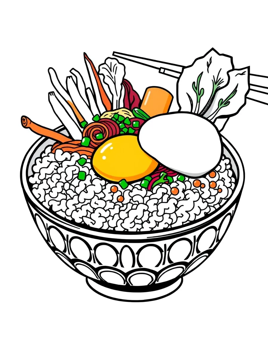 (South Korea) A bowl of bibimbap rice topped with colorful vegetables and a fried egg.